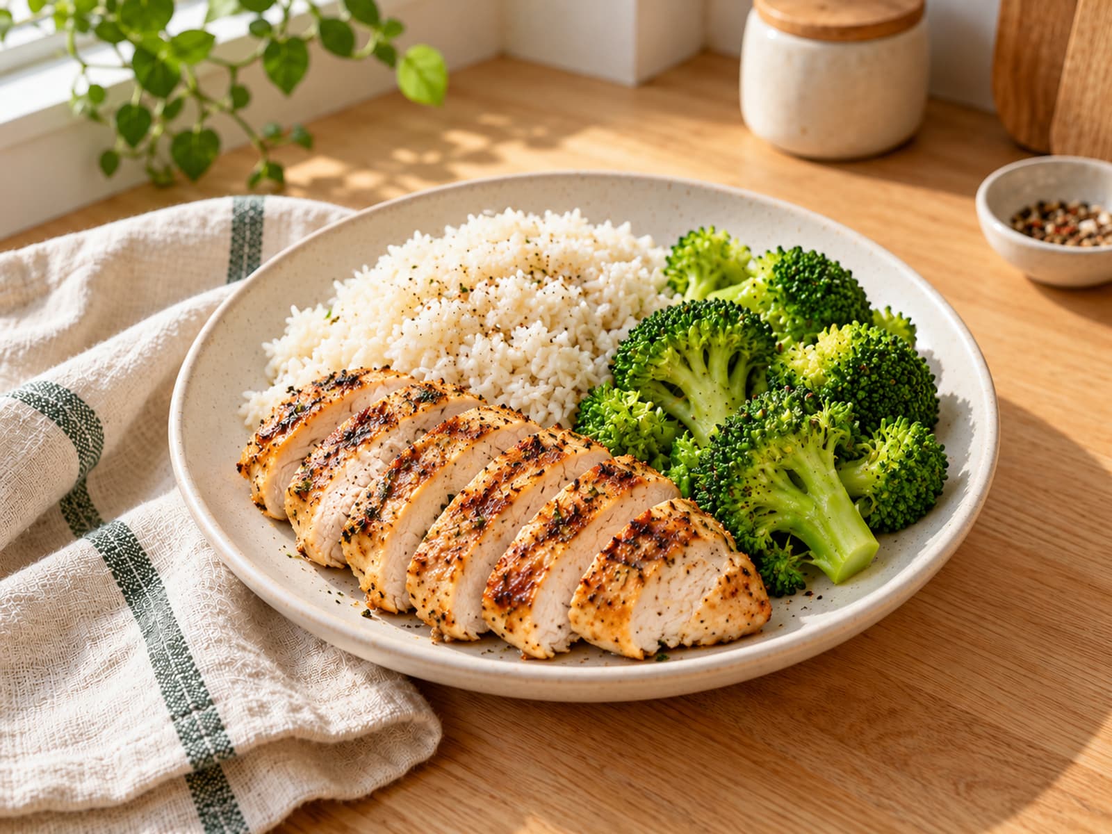 Poulet, riz et brocoli dans une boîte de batch cooking
