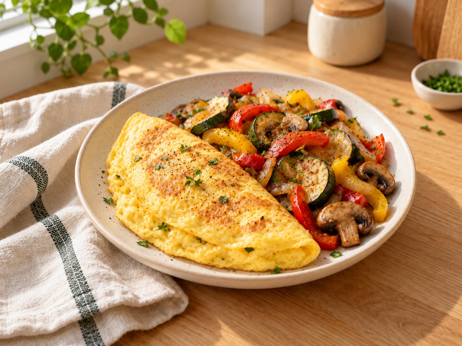 Omelette et légumes poêlés